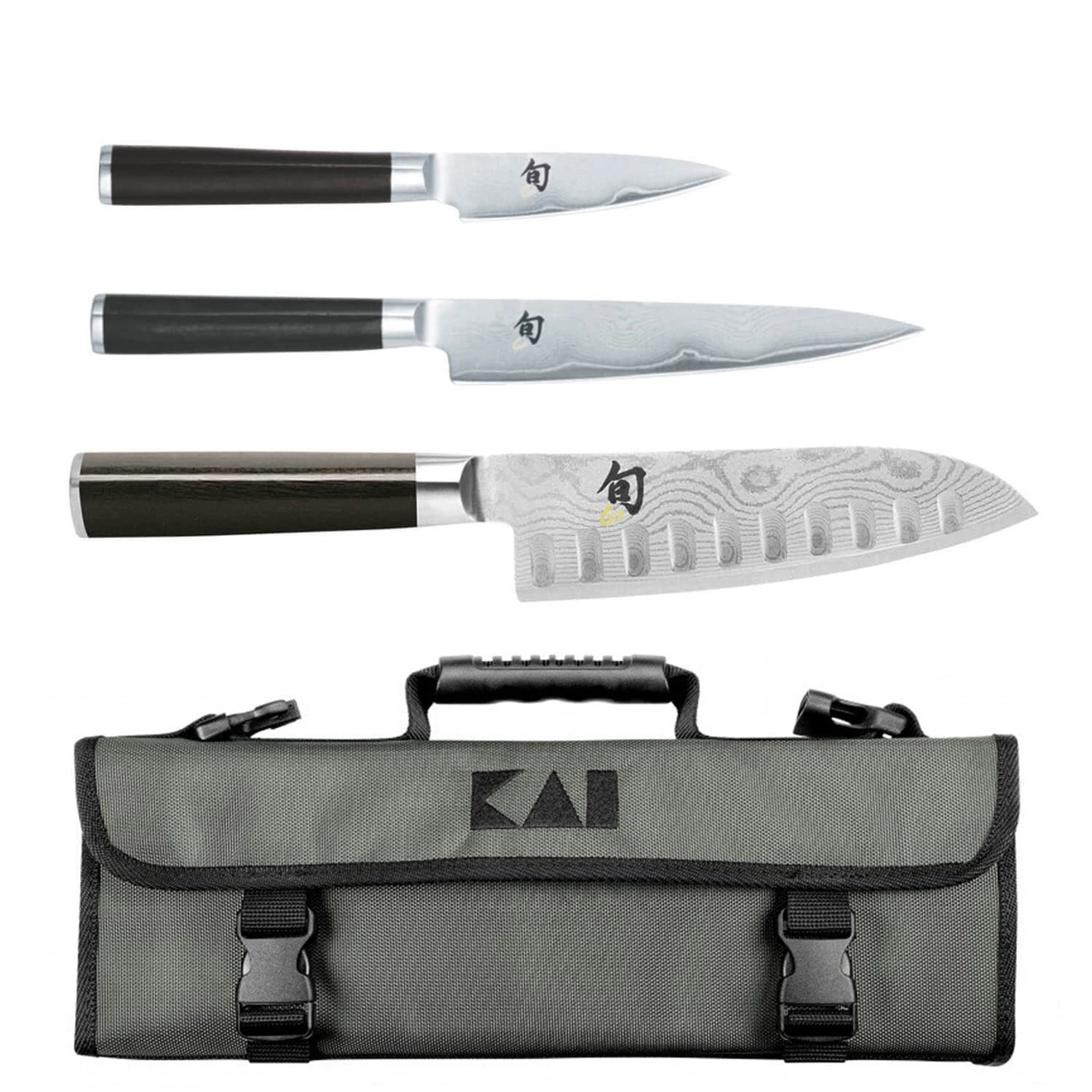 KAI Shun Classic Knife Bag With 3 Japanese Damascus Knives 3 KAI Shun Classic Knife Bag With 3 Japanese Damascus Knives