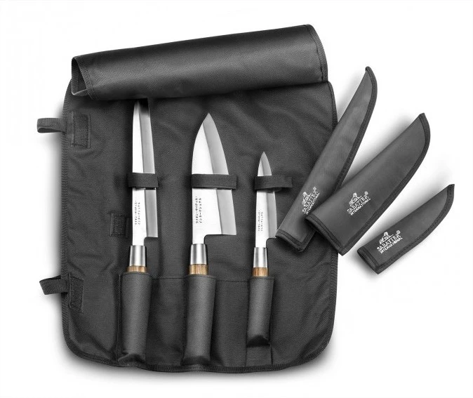 Sabatier International Knife Bag With 3 Japanese-style Knives - Wooden Handles 3 Sabatier International Knife Bag With 3 Japanese-style Knives - Wooden Handles